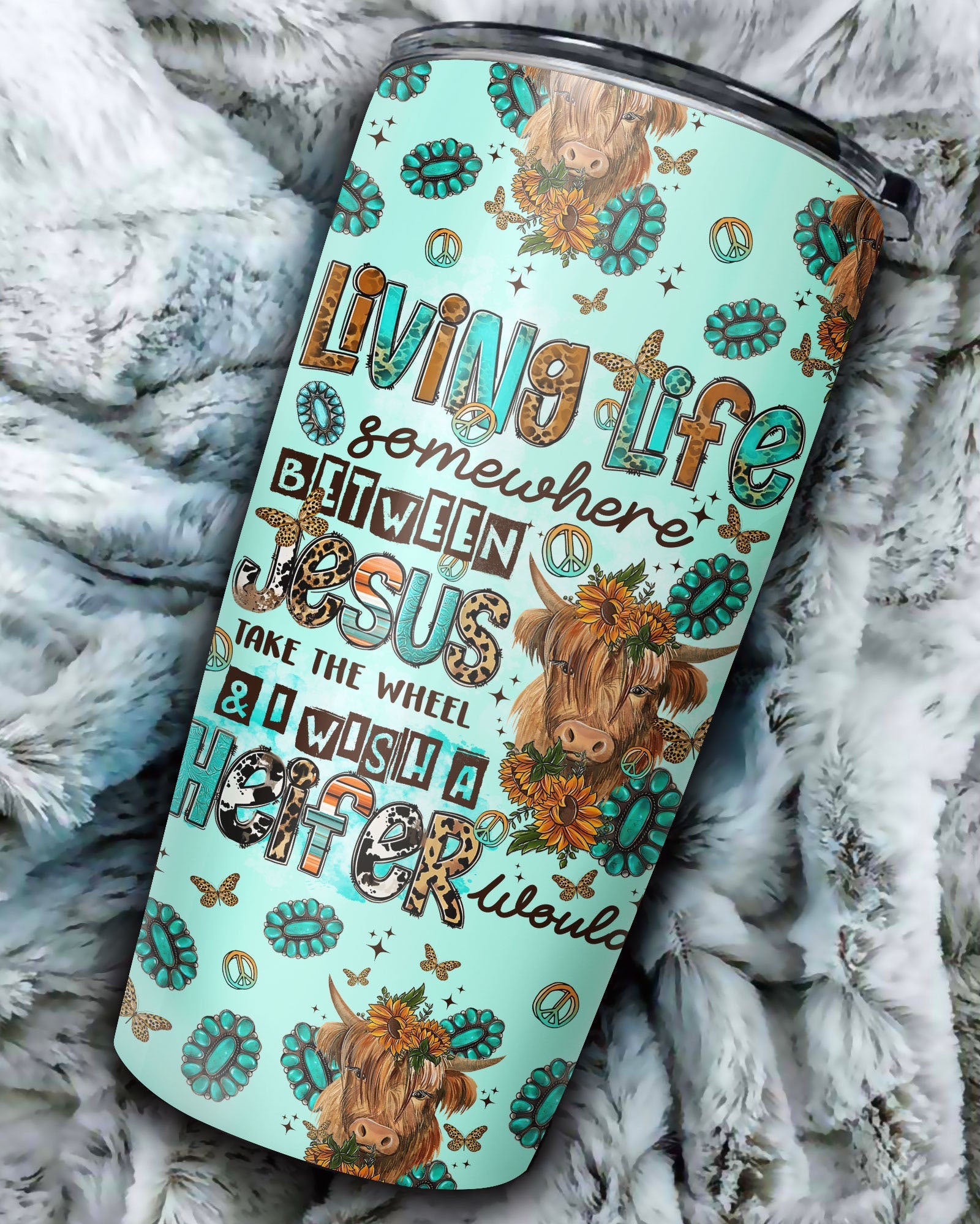 Living Life Somewhere Between Jesus Cow Tumbler - Tltr1309237