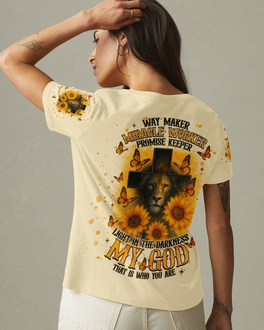 Way Maker Miracle Worker Cross Lion Sunflower Women's All Over Print Shirt   - Tlnt2805254
